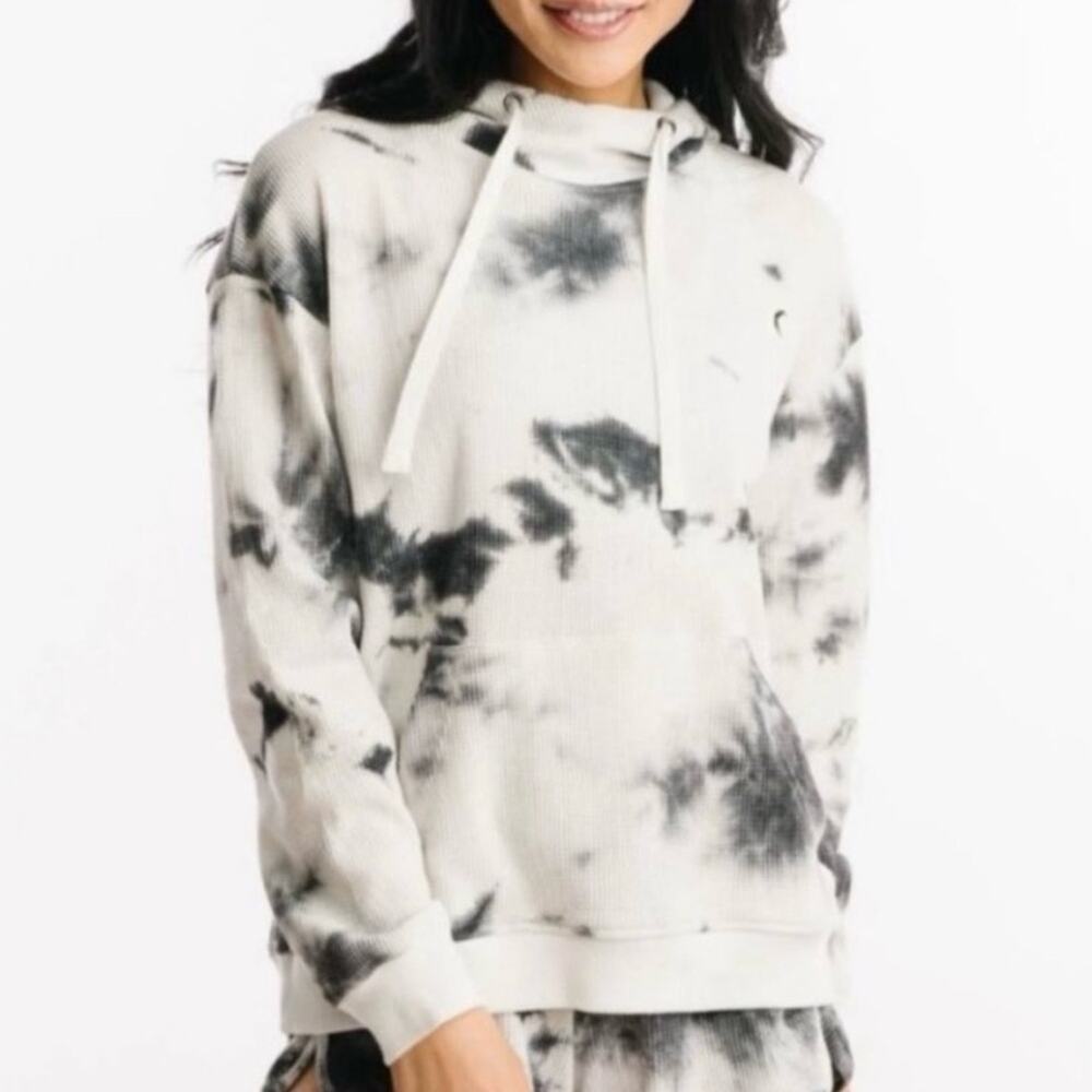 ZYIA ACTIVE White Gray Hexrix Thermal Pocket Tie‎ Dye Waffle Knit Hoodie Size S